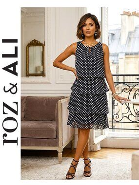 (3 for $30) ROZ & ALI - Sleeveless navy blue polka dot ruffle tiered dress
